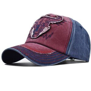 Distressed Baseball Cap with Bull Skull Embroidery, Red. Blue, Adjustable Fit